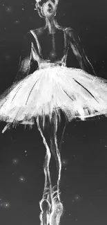 Monochrome artwork of a ballerina in a tutu on a sleek black background.