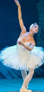 Ballet dancer in white tutu performing a graceful pose on stage.