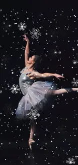 Ballet dancer in elegant pose with snowflakes on dark background.