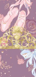 Lavender wallpaper with ballet shoes, a golden tiara, and floral design.