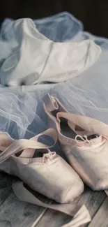 Ballet shoes and tutu on a wooden floor, showcasing elegance and dance beauty.