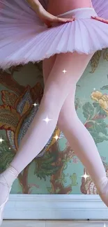 Ballet dancer in pink tutu with floral background and pointe shoes.