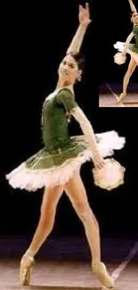 Ballerina in green tutu striking a graceful dance pose.