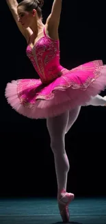 Ballet dancer in pink tutu posing gracefully on stage.