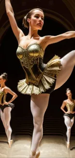 Ballet dancer striking an elegant pose in a golden costume on stage.