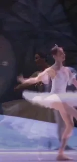 A graceful ballerina in motion on stage, captured in an elegant dance pose.