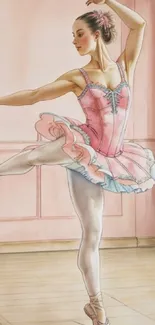 Ballet dancer in elegant pose with pink tutu in a studio setting.