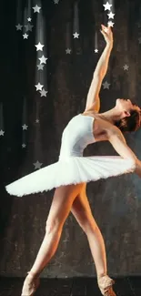 Ballet dancer in elegant pose on dark stage background.