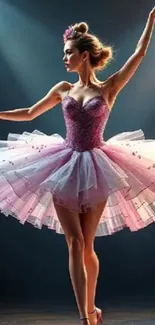 Ballet dancer in a pink tutu posing elegantly on stage.