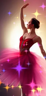 Ballet dancer in pink dress posing gracefully in vibrant light.