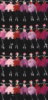 Rows of ballet dancers in pink and purple tutus on a black background.