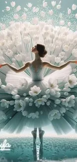 Ballerina in a dress of blooming white flowers with turquoise background.