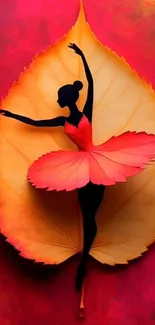 Ballet dancer silhouette on autumn leaf art.