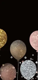 Elegant balloons with gold, silver, and pink sparkles against a black background.