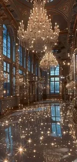 Elegant ballroom with chandeliers reflecting light on a polished floor.