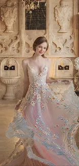 Elegant ballroom with woman in gown