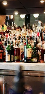 Elegant bar counter with liquor bottles.