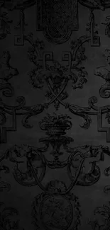 Ornate black Baroque-style wallpaper with intricate designs.