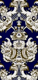 Elegant Baroque floral wallpaper in blue and brown hues.