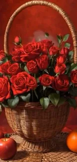 Basket with red roses and fruits, adding elegance.