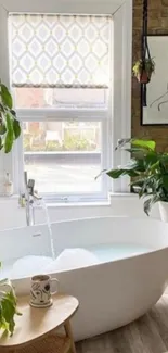 Elegant bathroom with white tub and lush plants.