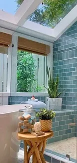 Elegant bathroom with green tiles and natural light.