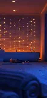 Cozy bathroom with ambient starry lighting and a modern bathtub.