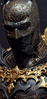 Intricately designed Batman armor with gold details on mobile wallpaper.