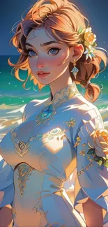 Elegant anime character on a beach with flowers in her hair.