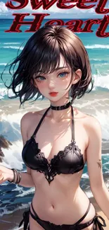 Anime character at vibrant beach in stylish black attire.