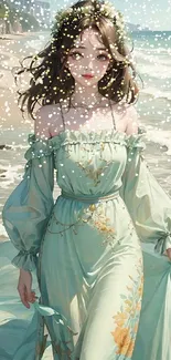 Fantasy artwork of a woman on a beach in a seafoam green gown.