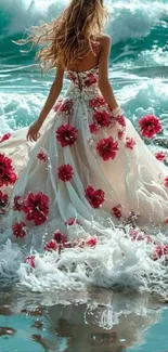 Woman in a floral gown standing by ocean waves