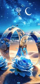 Rings with blue roses on a moonlit beach under a starry sky.