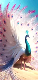 Majestic peacock on beach with vibrant feathers.