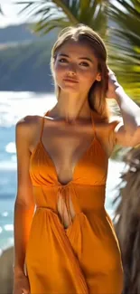 A woman in an orange dress standing by the beach with palm trees.