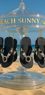 Pearl-studded beach sandals displayed elegantly on sand.