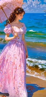 Woman in a flowing dress holding a parasol on a beach.