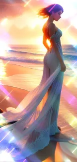 Woman in elegant dress on beach during sunset.