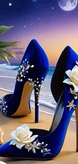 Blue heels with floral design on a beach