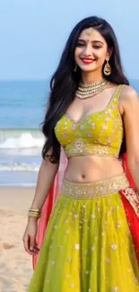 Woman in a yellow dress on a beach