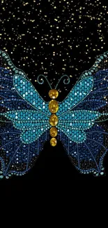 Beaded butterfly with gold accents on a black background.