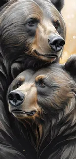 Artistic rendering of two bears in a serene natural setting.