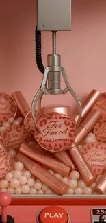 Pink-themed claw machine filled with beauty products.