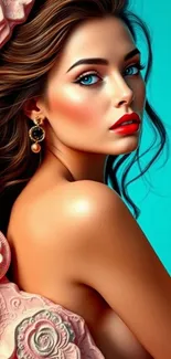 Stylized elegant portrait art wallpaper with turquoise background.