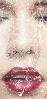 Close-up of a woman's face with water droplets and elegant makeup.