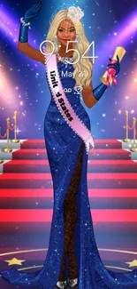 Glamorous pageant winner in blue gown on a red carpet stage.