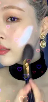 Elegant makeup application with heart accents on a mobile wallpaper.