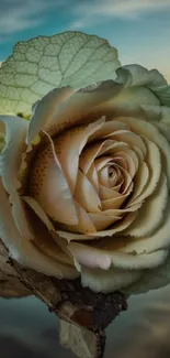 A close-up of a beige rose with green leaves against a sky background.