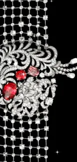 Intricate jewelry design with diamonds and red gemstones on black background.