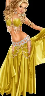 Artistic illustration of a belly dancer in a gold dress.